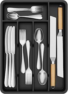 Lifewit Silverware Drawer Organizer Tray, Plastic Cutlery Storage for Kitchen, Flatware and Utensil Holder Divider for Spoons Forks Knives Tableware, 9.5 x 13.4", 5 Slots, Black