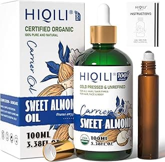 HIQILI Sweet Almond Oil, Skin, Hair Care, 100% Pure Organic Carrier Oil, Hexane Free, Unscented - 3.38 Fl Oz