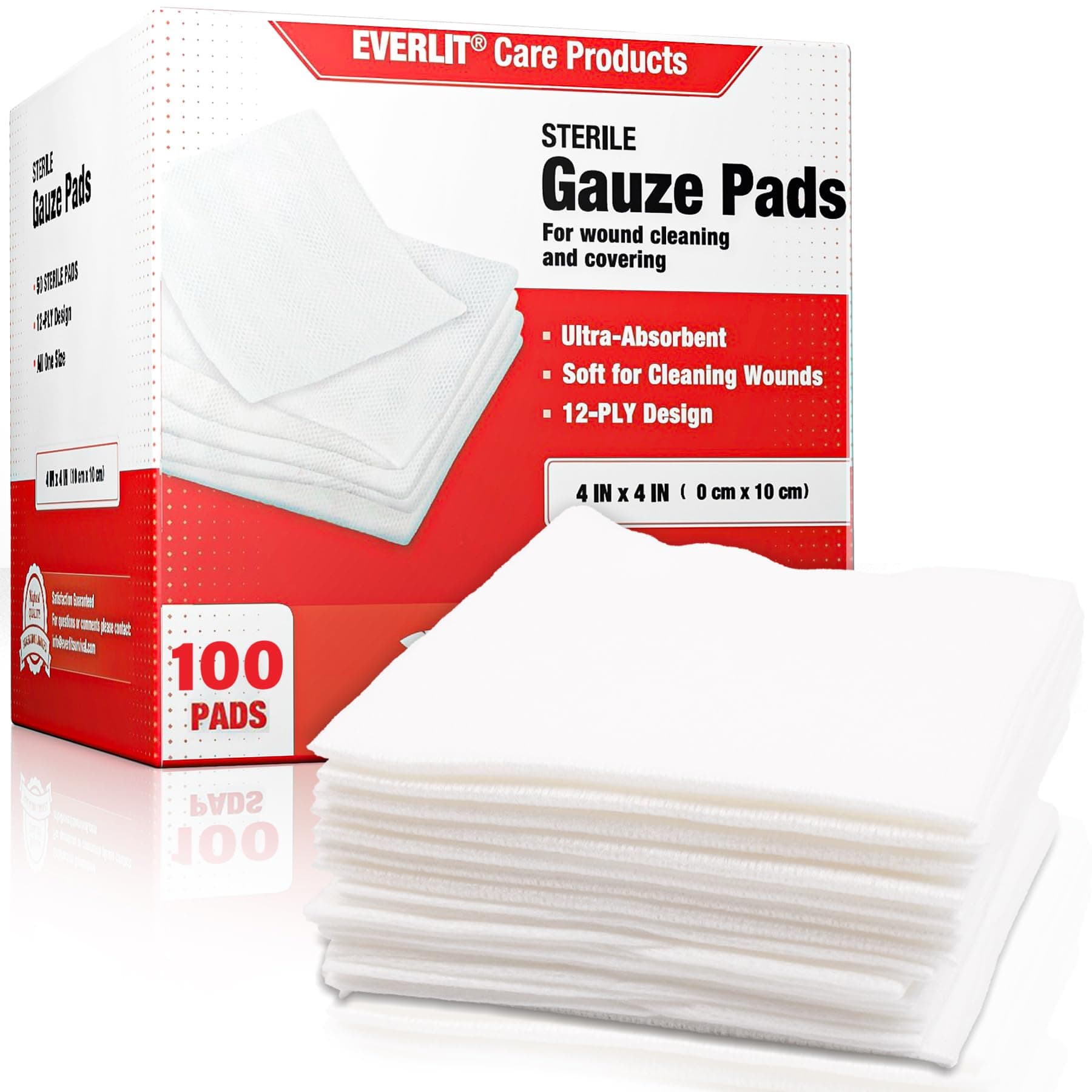 EVERLIT [Extra-Thick] 4''x4'' Sterile Gauze Pad 12-Ply, 100 Pack, Individual Wrapped, Ultra Absorbent Large Non-Woven Medical Gauze Sponges for Wound Care Home First Aid Kit