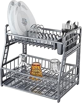 SAFRI 2-Tier Plastic Plate Dish Drainer Rack Glasses Crockery Cutlery Utensil Drainer with Drip Removable Tray (Grey)