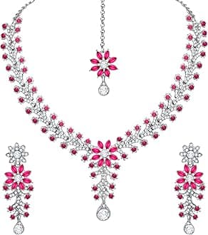 Atasi International Diamond Necklace Jewellery Set for Women with Earrings and Maang Tikka for Wedding, Party, Engagements & Festivals
