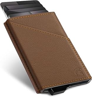 Card Holder Wallet, Vegan Leather Wallets, RFID for Men, Minimalist Credit Holders Pop Up Metal Slim (Brown)