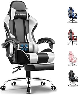 GTPLAYER #1USA Ergonomic Gaming Chair with USB Massage Cushion, Footrest & Armrests ? PU Leather Computer Video Game Desk Chair with Adjustable Lumbar Support & Headrest (GCC, White)