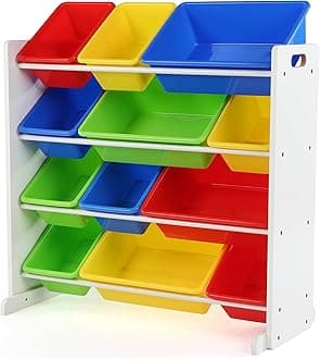 Humble Crew Kids Toy Storage Organizer with 12 Plastic Bins, White/Primary – Removable Bins for Playroom, Bedroom, Toddler Furniture for Boys and Girls Ages
