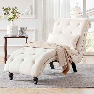 Tufted Soft Chaise Lounge Indoor, Linen Rivets Chaise Lounge Chair for Bedroom Living Room, Armless Upholstered Chaise Couch Chair with Square Cushions and Solid Wood Legs, Beige