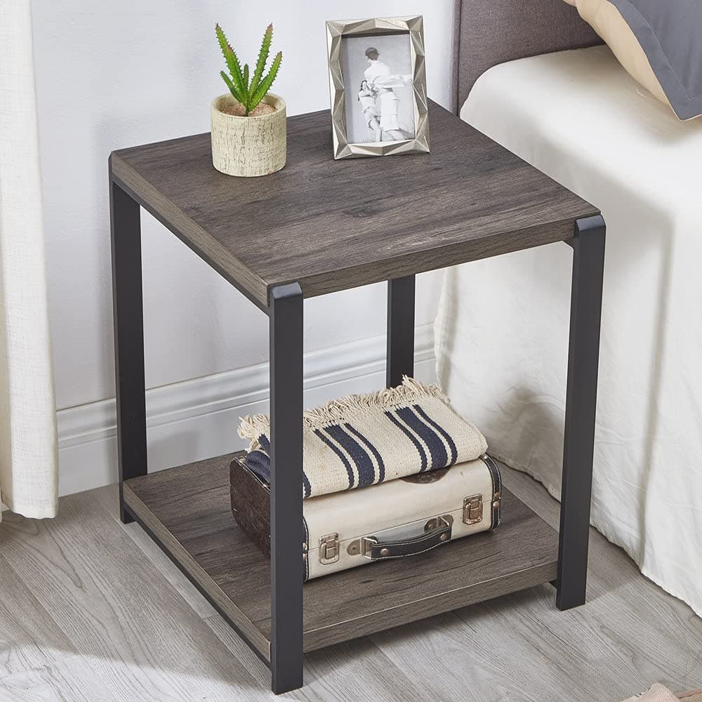 End Table with Storage Shelf, Vintage Side Table for Living Room, Rustic Wood and Metal Nightstand for Bedroom, Grey