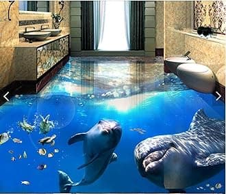 Wall Mural Wallpaper 144 x 100 inch (Width x Height) 3D Flooring Custom Waterproof Wallpaper Beautiful sea World Dolphin 3D Bathroom Flooring Picture Photo Wallpaper for Walls 3D