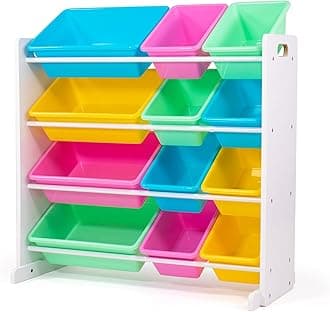 Humble Crew Wooden Toy Storage Organiser for Children & Toddlers, with 12 BPA Free Plastic Removable Storage Bins, Ideal for Storing Toys, Games, Books & Craft Supplies - White/Pink/Blue/Green/Yellow