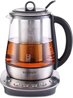 BUYDEEM K2423 Tea Maker, Durable 316 Stainless Steel & German Schott Glass Electric Kettle, Removable Infuser, Auto Keep Warm, BPA Free, 1.2L