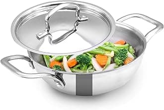 The Indus Valley Triply Stainless Steel Kadai/Kadhai with Steel Lid | 18cm/7.1 inch, 1.25Ltr, 1.05kg | Induction Friendly | Nonstick 3-Layer Body, 100% Toxin-Free, No Chemical Coating