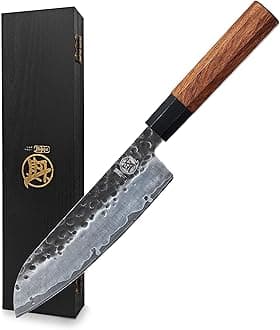 MITSUMOTO SAKARI 7 Inch Chef Knife Santoku Knives, Japanese Knife Series with 3 Layer 9CR18MOV Clad Steel and Rosewood handle