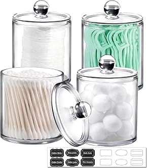 SheeChung 4 Pack Plastic Acrylic Bathroom Vanity Countertop Canister Jars with Storage Lid, Apothecary Jars Qtip Holder Makeup Organizer for Cotton Balls,Swabs,Pads,Bath Salts (Clear, 15 Oz)