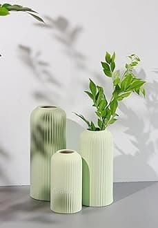 Craftribal's Modern Ceramic Flower Vase for Living Room, Set of 3 Flower Pots for Home Decoration, Vertical Striped Line Vase Light Green