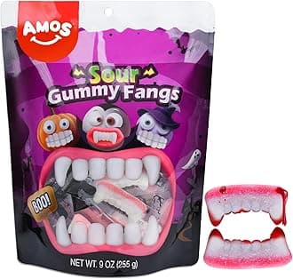 Amos Gummi Teeth Candy Vampire Teeth - Gummy Fangs Individually Wrapped, 32 Count, 9oz Bag, Halloween Candy for Trick-or-Treat