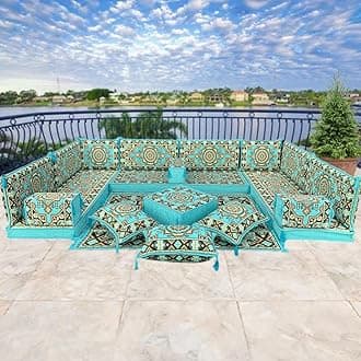 Modular U-shaped Arabic Style Majlis Sofa Set With Matching Rug And Pouffe Turquoise Bohemian Floor Cushions - Sofa - Rug - Pouffe - Pillow