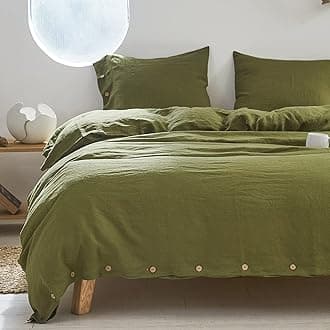 Simple&Opulence 100% Linen Duvet Cover Set 3pcs with Coconut Button Closure Natural French Washed Flax Solid Color Soft Breathable Farmhouse Bedding - Olive Green, Full Size
