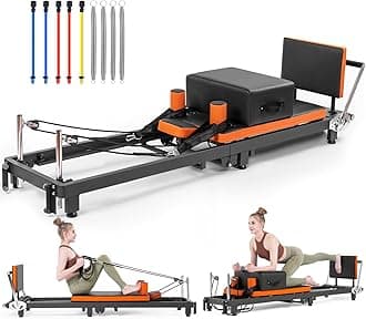 Pilates Reformer, Foldable Pilates Machine with Jump Board & Pilates Box (4 Springs & 5 Resistance Cords) for Home Gym Workout, Pilate Equipment Kit for Beginners & Advanced Users, Up to 500 LBS