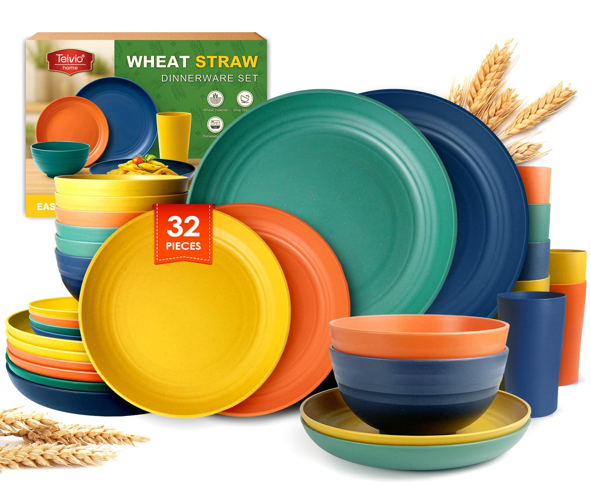 Teivio 32-Piece Kitchen Plastic Wheat Straw Dinnerware Set, Service for 8, Dinner Plates, Dessert Plate, Cereal Bowls, Cups, Unbreakable Colorful Plastic Outdoor Camping Dishes, Autumn Multicolor