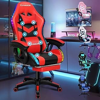 ELFORDSON LED Gaming Chair with 8-Point Massage, Swivel Office Chairs with Head Pillow Lumbar Support, Ergonomic Desk Chair with Armrests Footrest for Heavy Duty, PU Leather, Red
