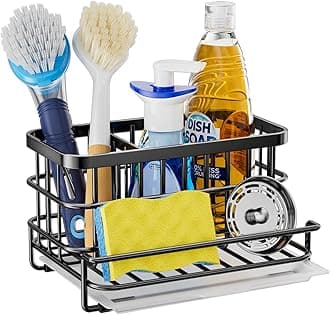 HapiRm Kitchen Sink Organiser Black - 4 in 1 Sponge Holder with Removable Drip Tray, Stainless Steel Kitchen Sink Caddy for Dish Brush, Sink Tidy for Countertop Storage & Organisation