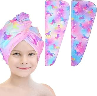 Microfiber Hair Towel Wrap for Kids 2 Pack Rapid Drying Hair Towel with Button Hair Turbans for Wet Hair Wraps Head Towel Wrap for Women and Girls, Colorful Unicorn
