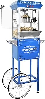 Foundation Popcorn Maker Machine with Cart - 8oz Stainless Steel Kettle Makes up to 48 Cups - Movie Theater Style Vintage Popcorn Machine Cart on Wheels by Great Northern Popcorn (Blue)