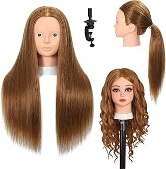 Mannequin Head with 80% Human Hair Cosmetology Mannequin Head Doll Head for Hair and Makeup Practice Head (#27 Brown No Makeup)