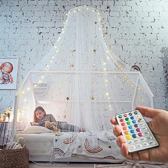 Bollepo Bed Canopy With Lights, White Bed, For Girls Room, Princess | Single, Twin, Full, Queen Girls, Kids Hanging Canopy, Fairy Lights Led