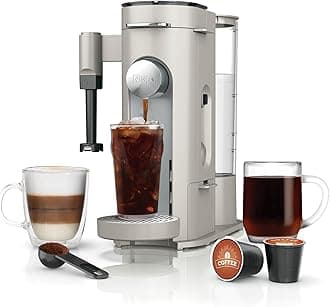 Pod & Grounds Specialty Single-Serve Coffee Maker, K-Cup Pod Compatible, Brews Grounds, Compact Design, Built-In Milk Frother, 56-oz. Reservoir, 6-oz. Cup to 24-oz. Mug Sizes, Stone, PB051ST