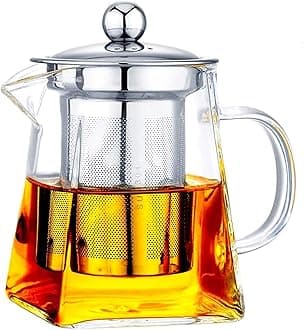 Glass Kettle Teapot with Removable Infuser & Lid & Handle, Glass Tea Kettle, Great for Loose Leaf Tea, Blooming Tea, Tea Bags & Fruit Infused (Square- 750ml)(Pack of 1)