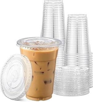 16 oz-100 Sets crystal clear plastic cups with lids, 16 oz, Disposable Ice Coffee