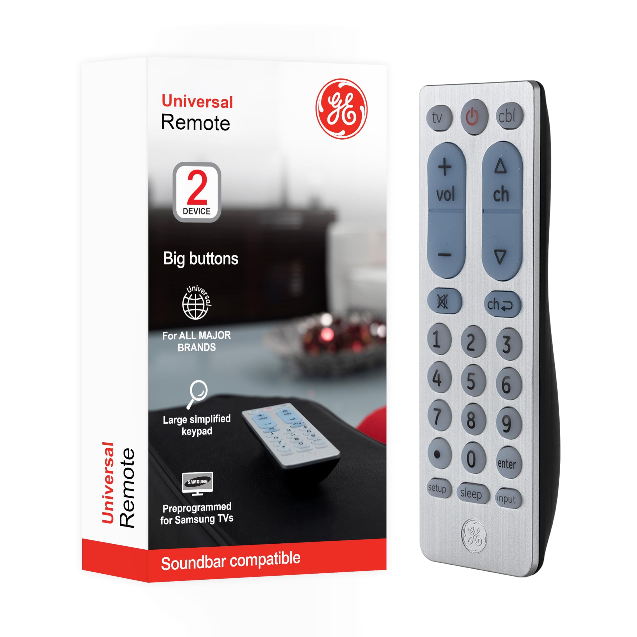 GE 2 Device Universal Remote, Works with Smart TVs, LG, Sony, Blu Ray, DVD, DVR, Roku, Apple TV, and other Streaming Players, Simple Setup, Auto Scan, Pre-Programmed for Samsung TVs, Silver, 33701