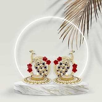 Metal Peacock with Stones Handcrafted Tea Light Candle Holder for Diwali Festival, Home Decor, Table Decoration, Gift (Pack of 2)