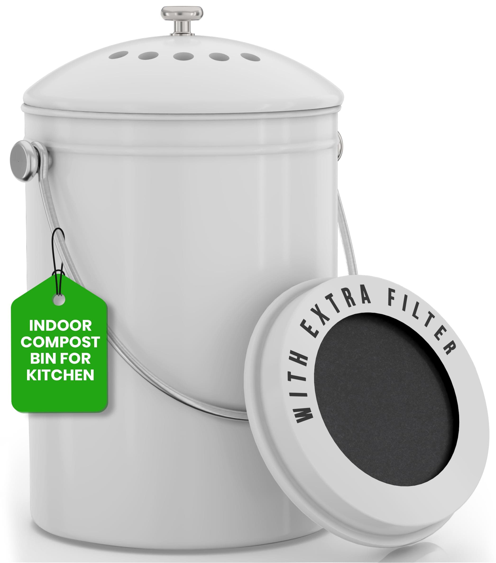 Utopia Kitchen Compost Bin for Kitchen Countertop, 1.3 Gallon Compost Bucket for Kitchen with Lid, Includes 1 Spare Charcoal Filter (White)