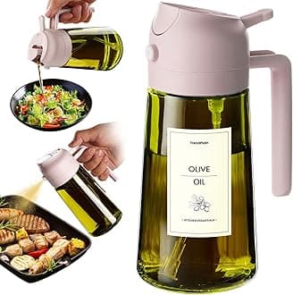 TrendPlain 470ml Olive Oil Spray Bottle - 2 in 1 Olive Oil Dispenser Bottle for Kitchen Accessories - Kitchen Gadgets, For Air Fryer - with Stickers, Light Blocking - Peach