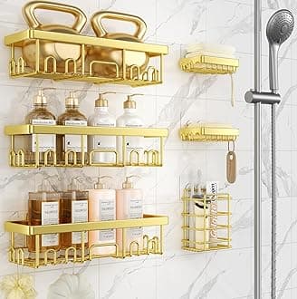 Adhesive Shower Caddy 6-Pack,Gifts for Women Mom,Heavy Weight Bearing,Large Wall Mounted Bathroom Shelves Rack,Organizer Storage Accessories with Soap Dish&Toothbrush Holder,Bright Gold