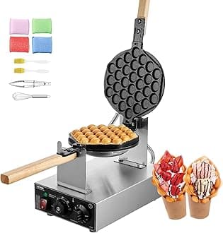 VEVORCommercial Bubble Waffle Maker, 1400W Egg Pancake Baker Machine, Non-Stick Stainless Steel Egg Bubble Puff, 180° Rotatable, Temp and Time Control, Wooden Handle, for Restaurant Bakery Snack Bar
