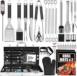BBQ Grill Accessories Set, 38Pcs Stainless Steel Grill Tools Grilling Accessories with Aluminum Case, Thermometer, Grill Mats for Camping/Backyard Barbecue, Grill Utensils Set for Men Women