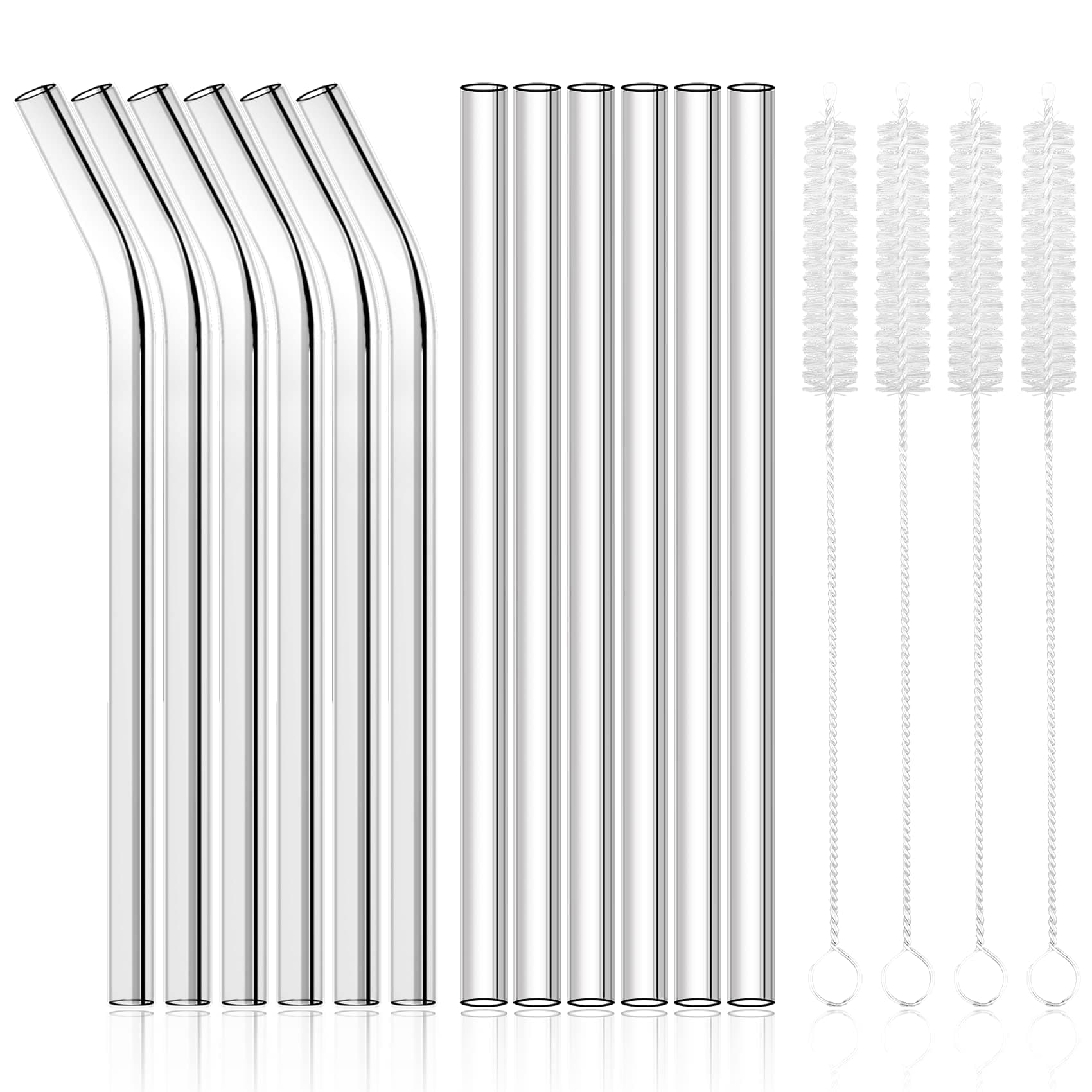 AKONEGE 12 Pack Reusable Glass Straws - Clear Glass Drinking Straws, 8.5''x10MM, 6 Straight & 6 Bent, 4 Cleaning Brushes for Smoothies, Milkshakes, Tea, Juice, Hot & Frozen Drinks