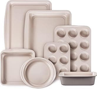 7-Piece Nonstick Stackable Baking Pans Set - Bakeware Sets Including Cookie Sheets for Baking, Muffin Pan, Bread Pan, Cake pan, Loaf Pan, Roasting Pan, Gray & Khaki