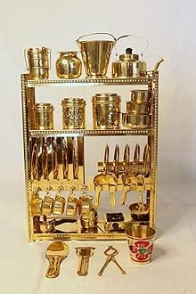 Tirtha Enterprises Handcrafted Brass Miniature Kitchen Set/Bhatukali/Toy Set/Home Decor/choppu Jaman/Real Cooking Kit for Play with Brass Stand (Gold 5)