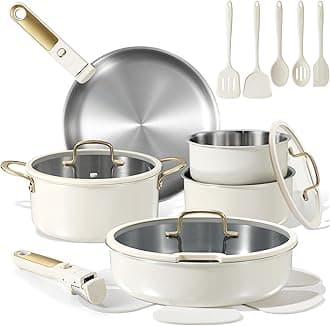 CAROTE 19pcs Tri-Ply Stainless Steel Cookware Set with Detachable Handle, Pots and Pans Set, Induction Kitchen Cooking Sets, RV/Camping Cookware, Outer Ceramic Layer, Oven Safe, Cream White