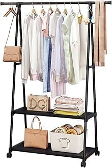 Beauenty Clothes Rack, Clothes Drying Stand, Coat Rack, Sturdy Rolling Clothing Rack with Wheels, Multifunctional Metal Garment Rack with 2-Tier Shelf(Black)