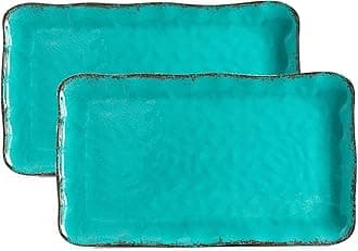 LEHAHA Vintage Melamine Serving Tray Set, Rectangular Large Serving Trays/Platters Set for Serving Food, BPA Free Food Serving Platters and Trays, Set of 2, 17.5"x 10", Teal