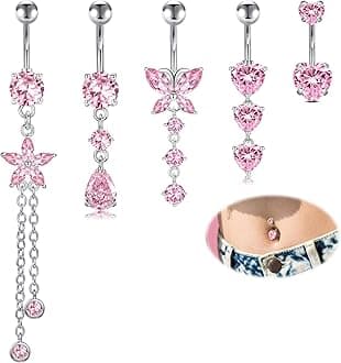 14G Dangle Belly Button Rings - Surgical Steel Silver and Rose Gold CZ Piercing Jewelry for Women