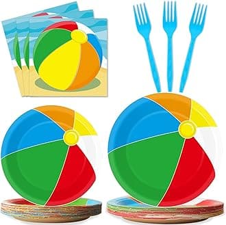 96 Pcs Beach Ball Party Supplies Tableware Summer Pool Ball Party Plates and Napkins Set Beach Birthday Party Favor Decorations For Kids Serves 24