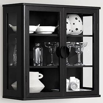 Black Tempered Glass Display Wall Storage Cabinet,Bathroom Wall Cabinet,Wall Mounted Cabinet with Curved Edges, Floating Cabinet with Adjustable Shelves for Kitchen,Dining Room,Bathroom