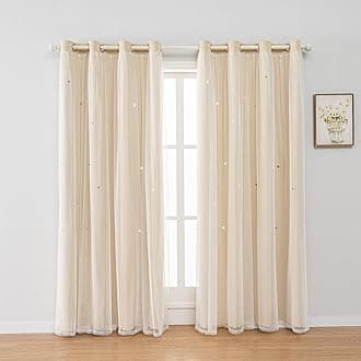 FANLI 2 Panels Star Blackout Curtains for Kid Girls Bedroom Living Room Darking Stripe Double Layer Star Cut Out Wall Home Decor Gradient Grommet Window Curtains (Beige 63L)