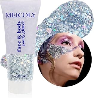 MEICOLY Silver Body Glitter,Singer Concerts Face Glitter Gel,Mermaid Sequins Face Paint Eye Hair Chunky Festival Rave Accessories Makeup,Halloween Sparkling Body Glitter Gel for Women Kids,50ml