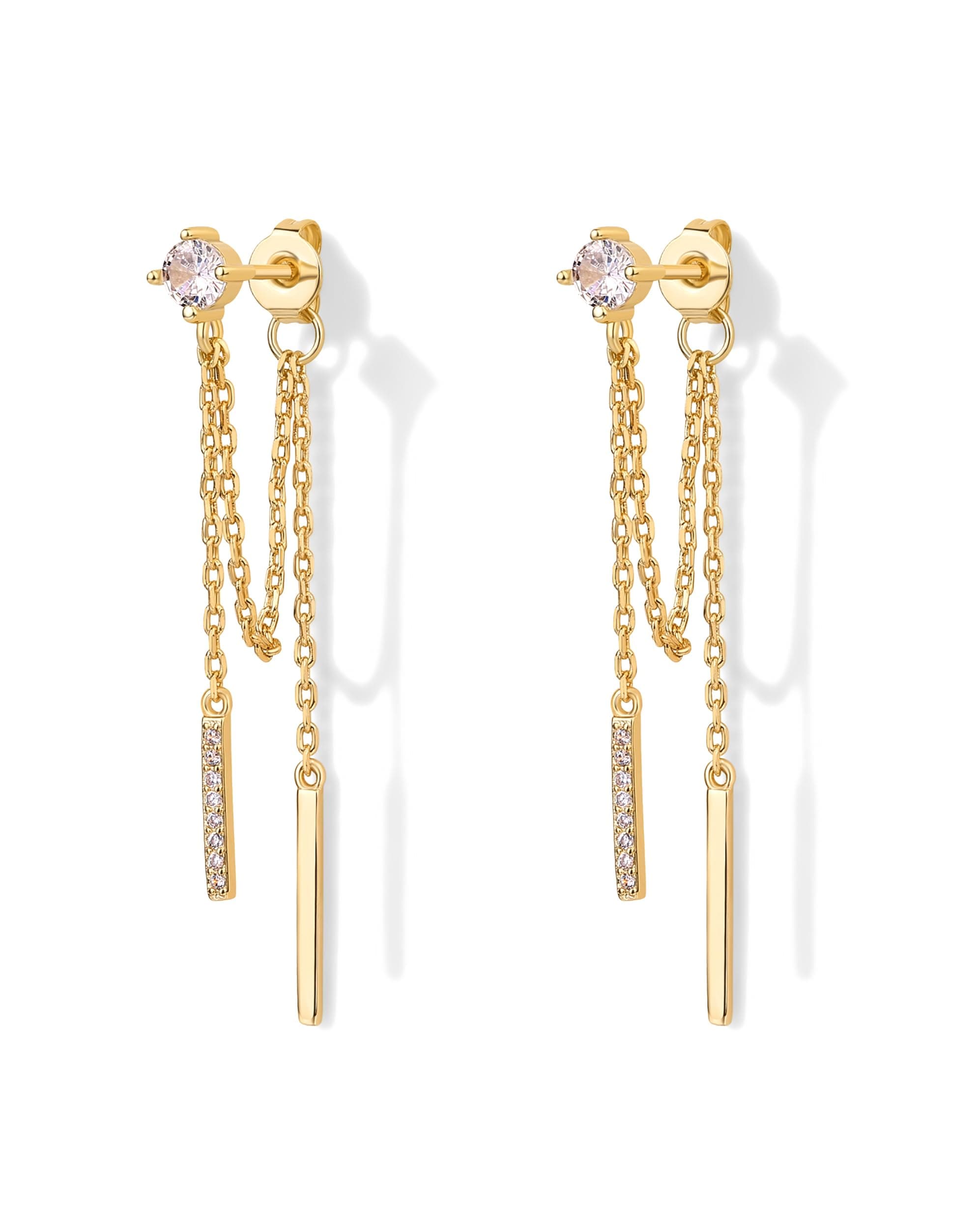 18K Gold Plated 925 Sterling Silver Posts Drop Dangle Chain Earrings for Women | Dangling Chain Studs | Cubic Zirconia Ball Threader Earscapes Earrings